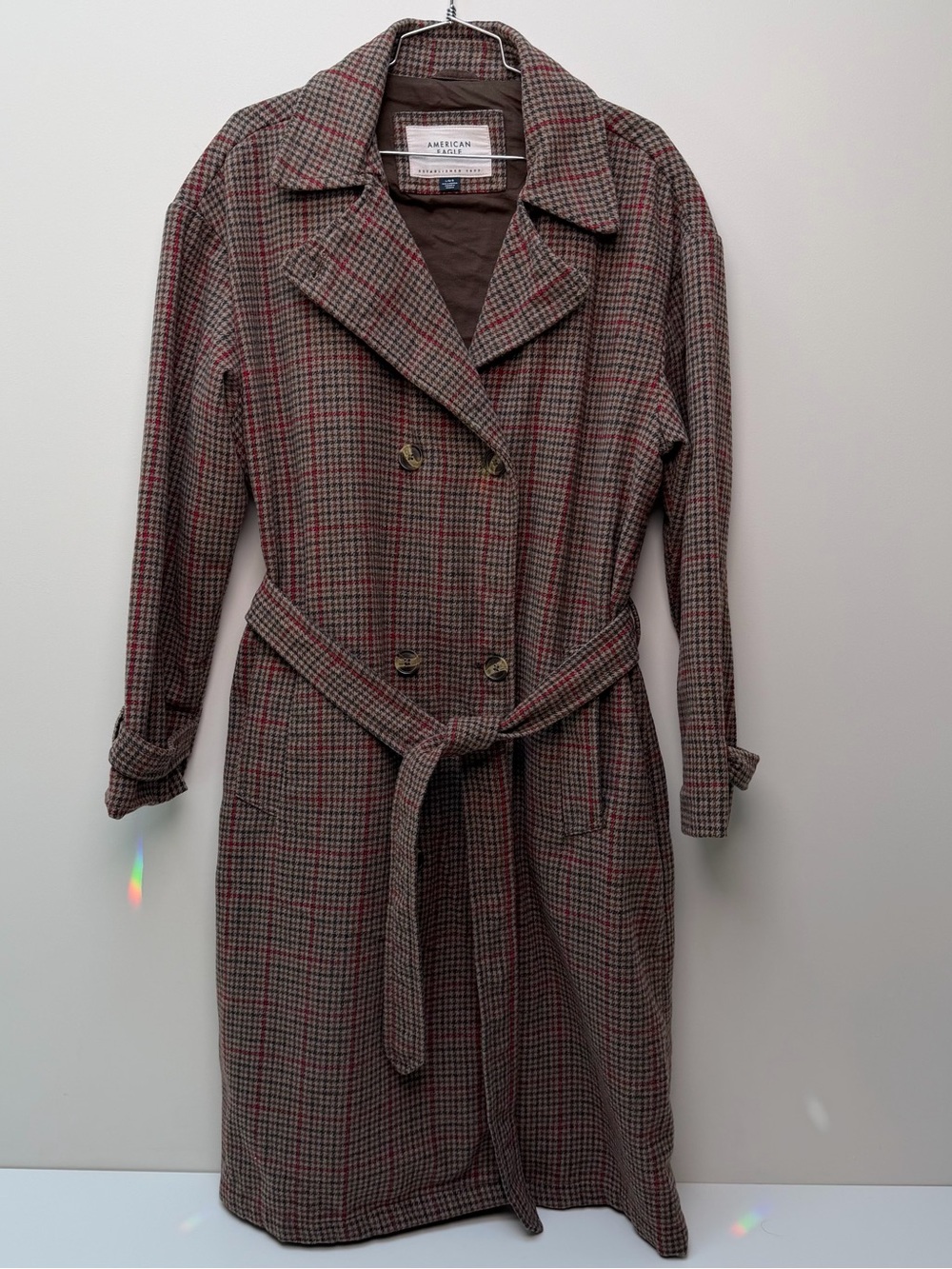 American Eagle Outfitters Brown and Red Plaid Double-Breasted Trench Coat